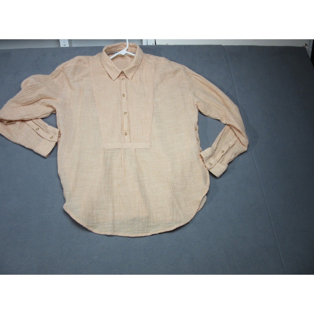 Anthropologie Shirt Women XL Orange Striped Seersucker Excellent Pleated Popover